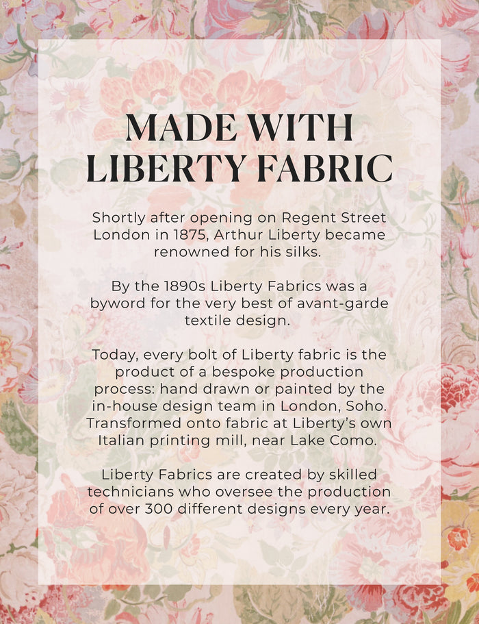 A square informational graphic with a floral border and a large central text panel reading MADE WITH LIBERTY FABRIC followed by several paragraphs of descriptive text about Liberty Fabrics.