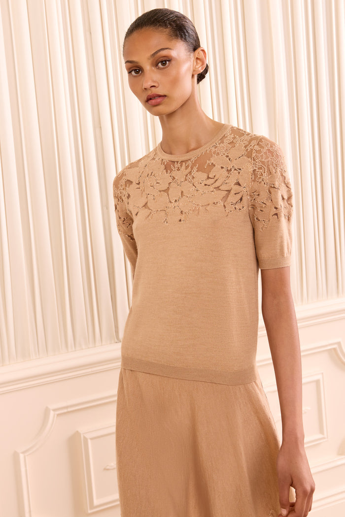Ella Short Sleeve Lace Top - Almond