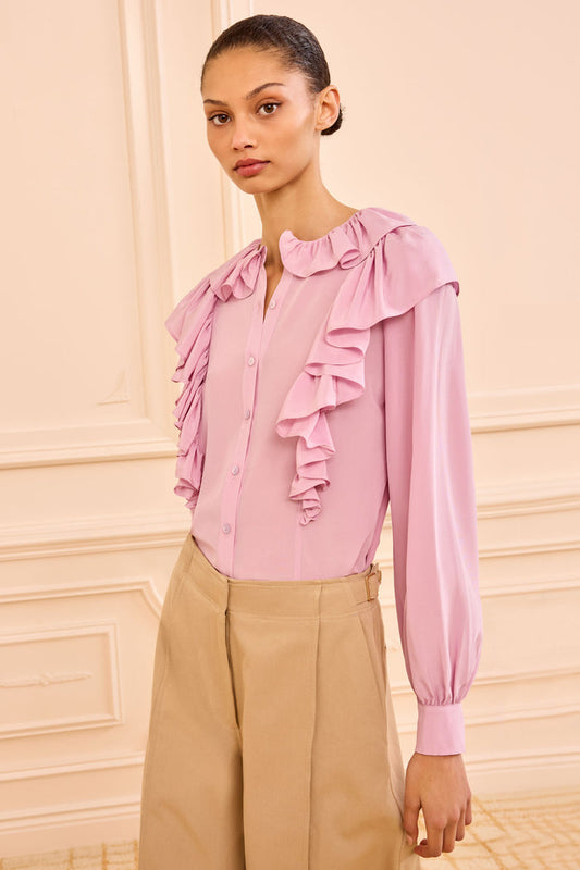 Aster Silk Crepe de Chine Ruffle Blouse - Three-Quarter View On Model | Ulla Johnson