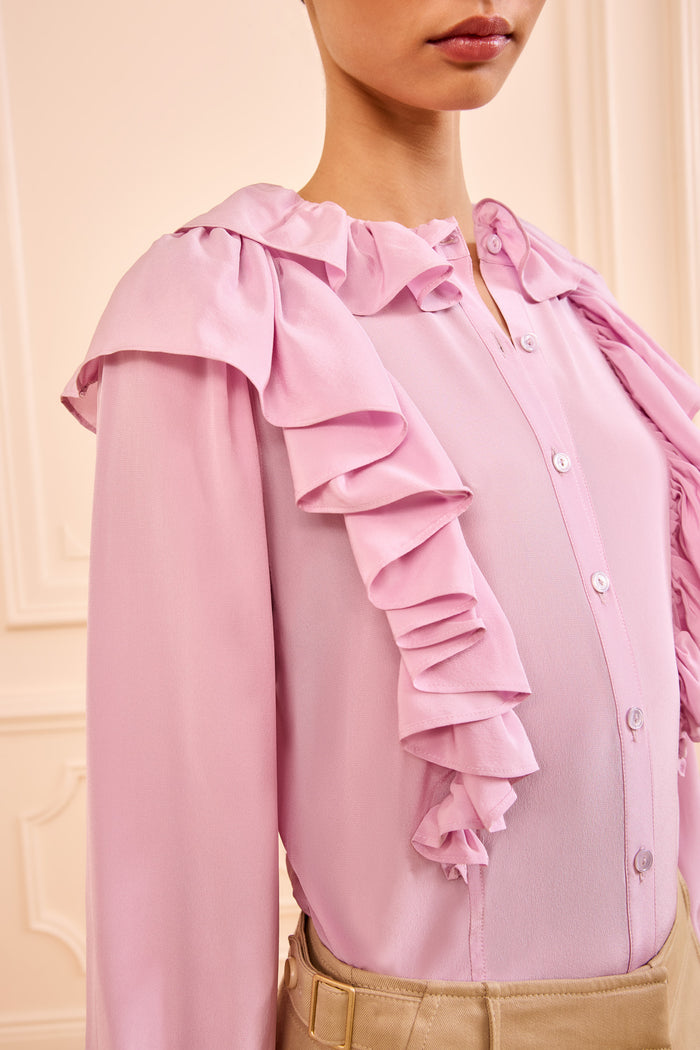 Aster Luxury Silk Blouse Cascading Ruffle & Button Detail Close-Up | Ulla Johnson