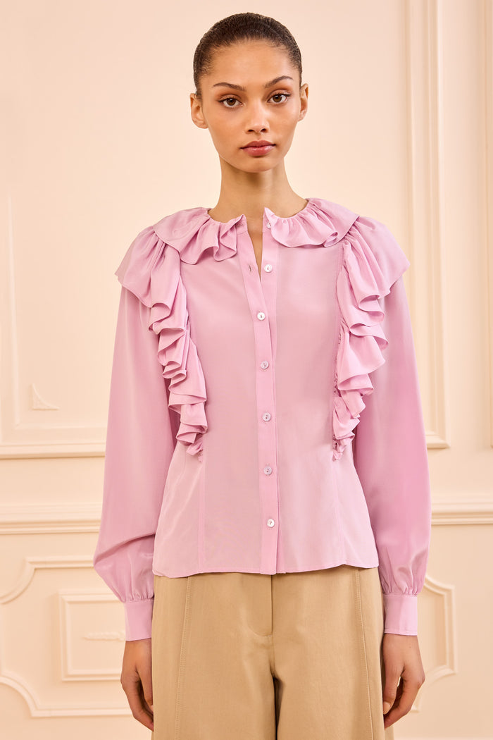 Aster Designer Silk Crepe Ruffle Blouse - Front View On Model | Ulla Johnson
