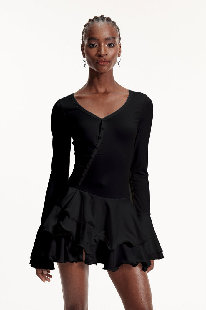 ellington-asymmetric-button-ruffle-mini-dress-in-black