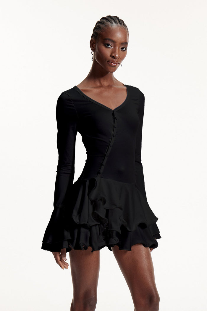 ellington-asymmetric-button-ruffle-mini-dress-in-black