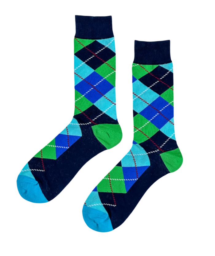Emerald Ocean Argyle socks close-up showing green and navy argyle diamond construction
