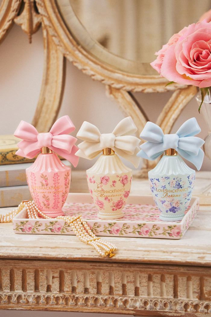 3 LSF PERFUME BOTTLES ON IKAT PRINT PINK FLORAL BATHROOM TRAY