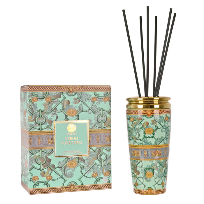 Light green and gold patterned reed diffuser with gift box packaging