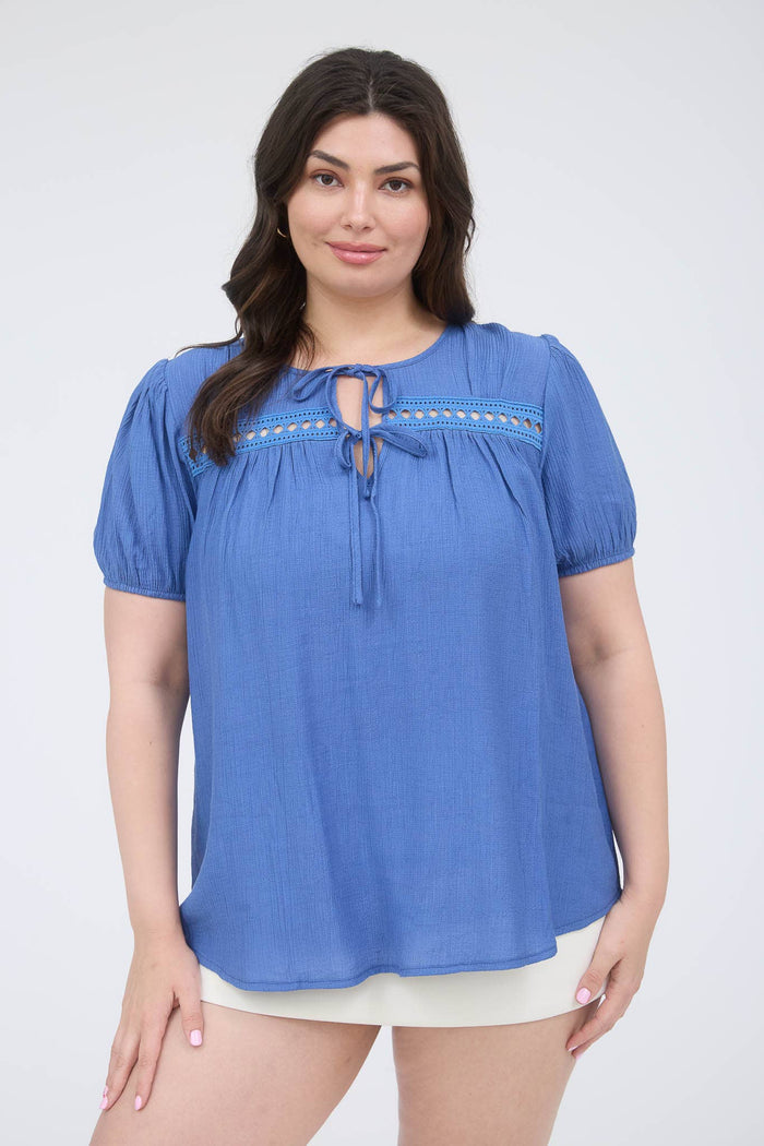 EYELET LACE TRIM DOUBLE FRONT TIE TOP