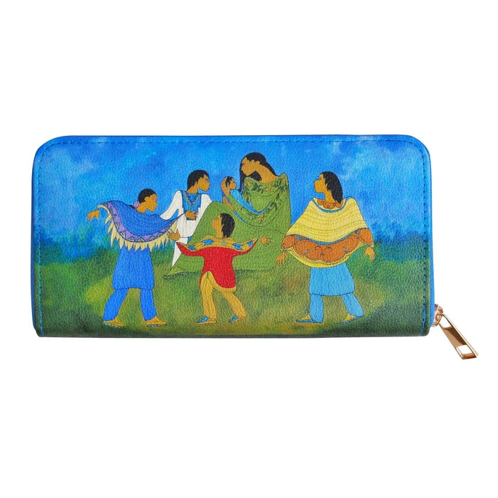 Colorful wallet with artistic depiction of people on a blue background