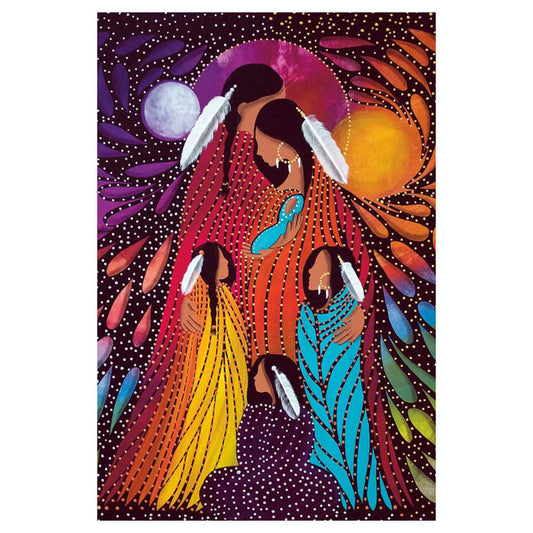 Colorful artwork of four women with headdresses against a starry night sky.