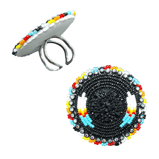 Feather - Beaded Ring showcasing intricate beadwork and detailed feather design, symbolizing Indigenous culture.