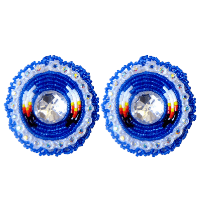 Feather - Glam Earring showcasing vibrant blue beadwork and sparkling stones, inspired by Indigenous culture.