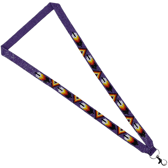 Feather - Loomed Lanyard showcasing intricate Indigenous patterns and craftsmanship, with a vibrant purple design.