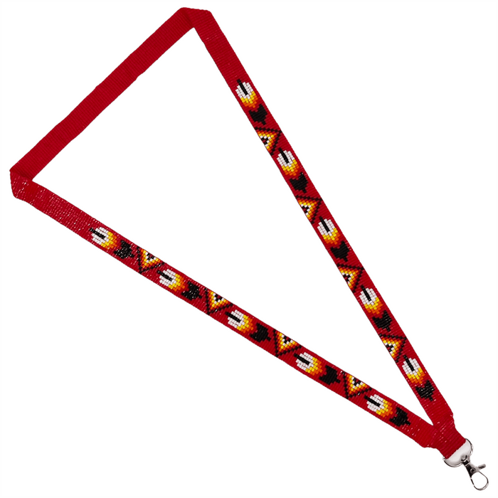 Feather - Loomed Lanyard featuring vibrant Indigenous designs with a red background and detailed craftsmanship.