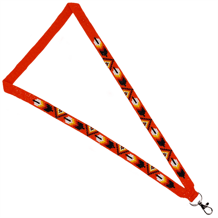 Feather - Loomed Lanyard showcasing intricate Indigenous patterns and craftsmanship in vibrant colors.