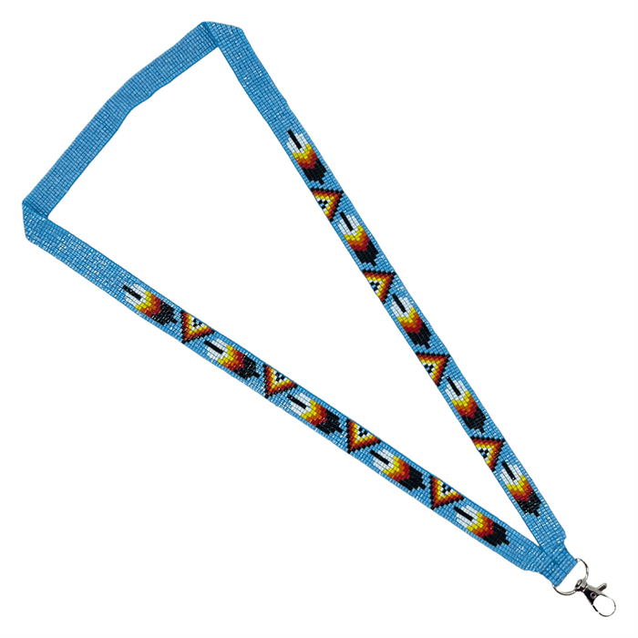 Feather - Loomed Lanyard featuring intricate Indigenous patterns and vibrant colors, perfect for showcasing cultural art.