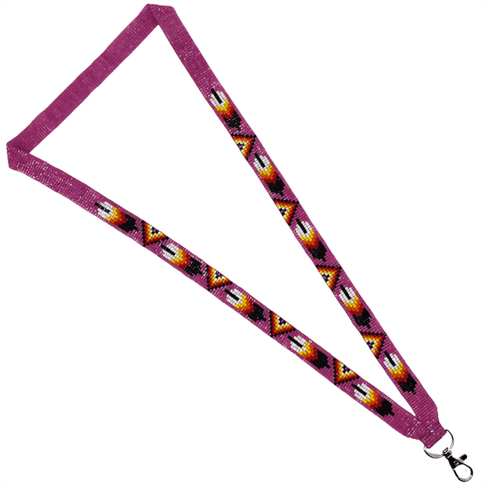 Feather - Loomed Lanyard featuring intricate Indigenous patterns and a vibrant purple design.