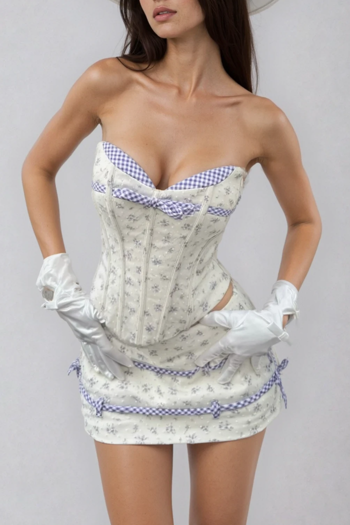 Fedelmid Strapless Floral Corset Skirt Set