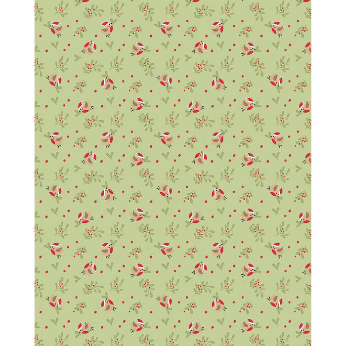 A repeating pattern of festive robins with white faces and black outlines, scattered among green leaves and red berries on a light sage green background.