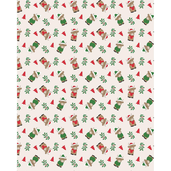 Highland cows with green and red Christmas hats pattern blanket on a cream background