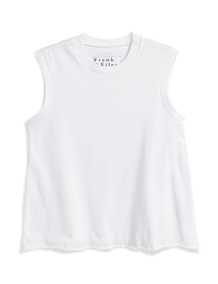 White sleeveless top with 'Frank & Eileen' branding on a white background