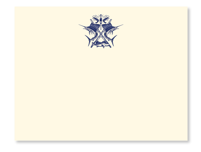 The Angler Crest flat note stationery features a sophisticated design with a blue, intricate symmetrical graphic of two fish on an off-white background, complemented by curved lines and abstract patterns. These elegant 4.25" x 5.5" note cards are ideal for thoughtful messages and come with matching envelopes.