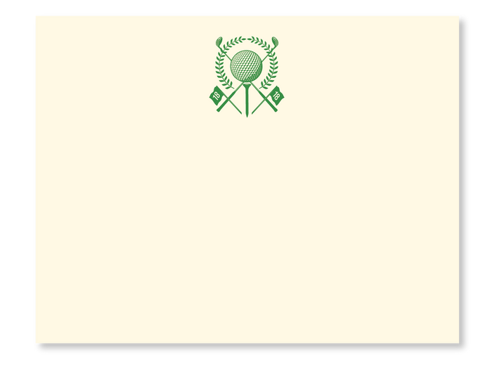 The 4.25" x 5.5" Flat Note Stationery - Golf Crest boasts a cream-colored background with a green logo at the top center, featuring a design of a golf ball surrounded by laurel leaves, crossed golf clubs, and two small flags, perfectly complementing matching envelopes.