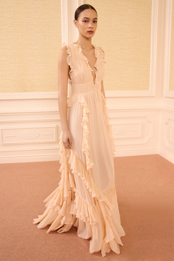 Blush Florella Gown with Tiered Ruffles - Side Profile View | Ulla Johnson