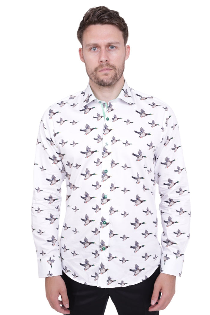 Flying Mallard Print Shirt with Matching Handkerchief-Makrom