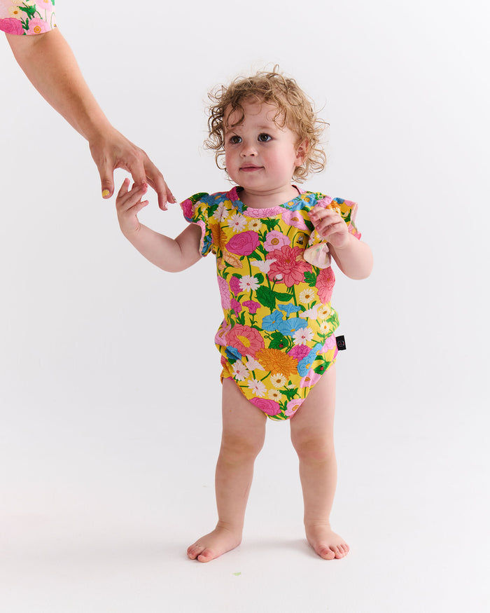 Follow The Sun Yellow Organic Short Sleeve Frill Romper