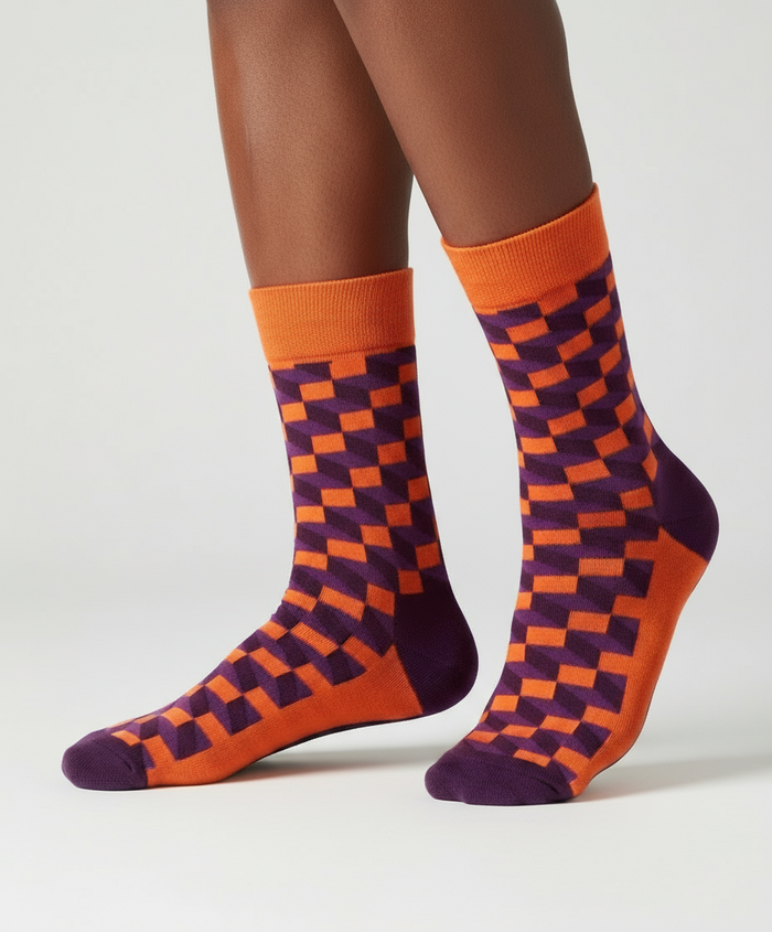 Funky Burst crew socks flat lay showing vivid multicolor stripe burst pattern