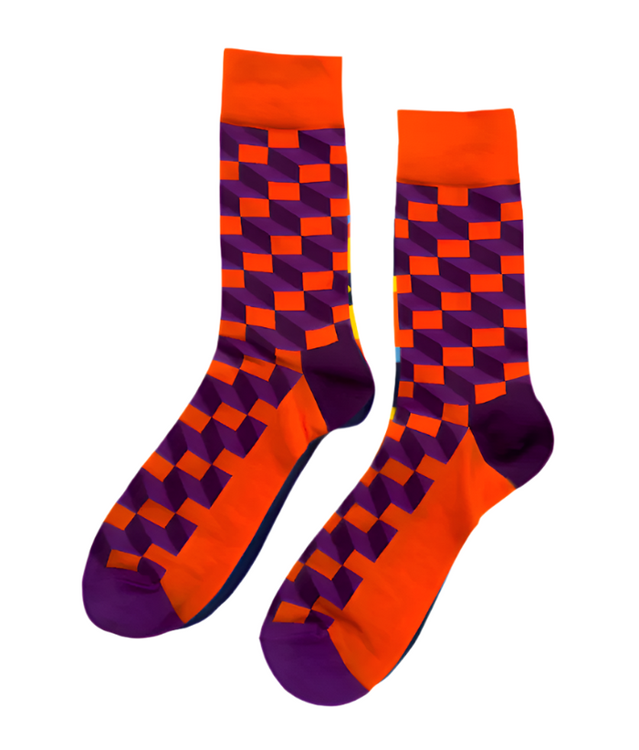 Funky Burst socks styled showing full color range and how the bold pattern reads on foot