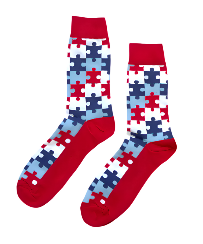 Funky Crimson Puzzle socks close-up showing deep red puzzle-piece knit construction