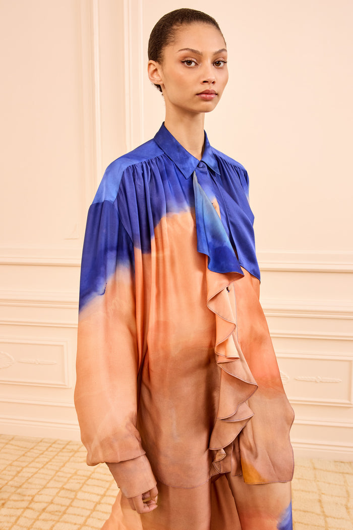 Moontide Designer Silk Ruffle Blouse - Three-Quarter On Model | Ulla Johnson