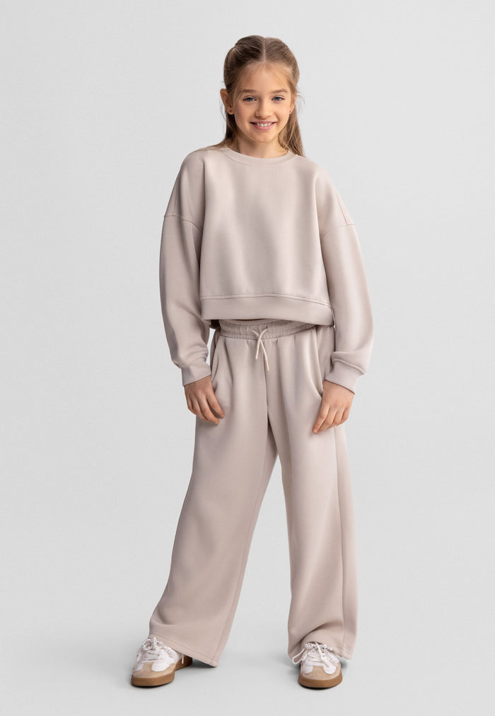 Wide Leg Joggers, Drawstring Waist, Beige - 1