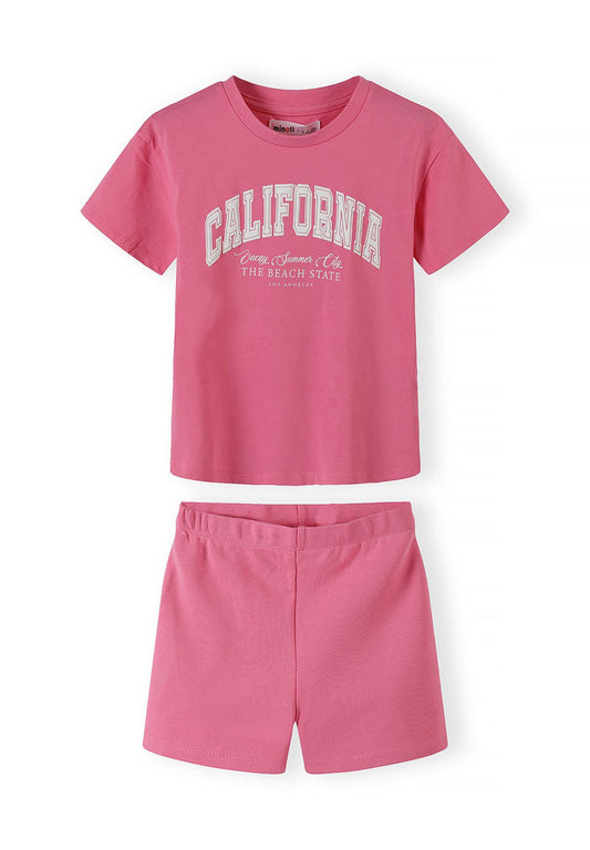 Oversized T-Shirt & Ribbed Shorts Set, California Print, Pink - 1