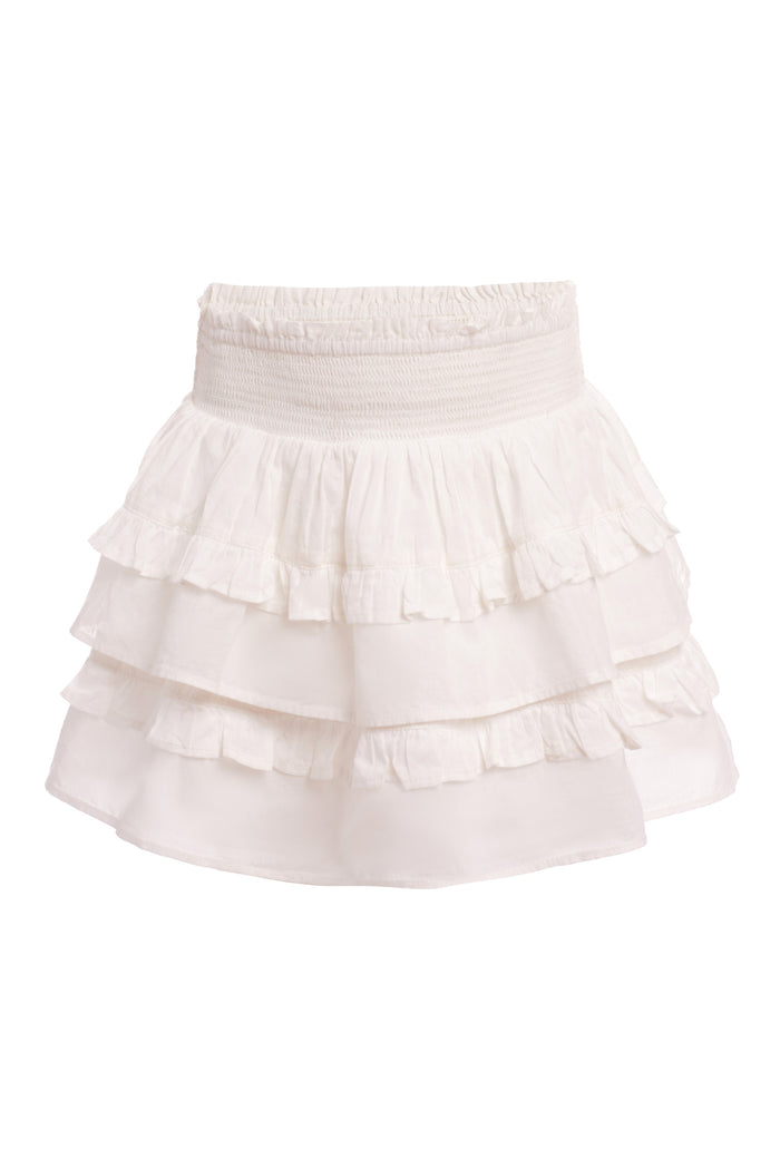 White ruffle mini skirt against white background