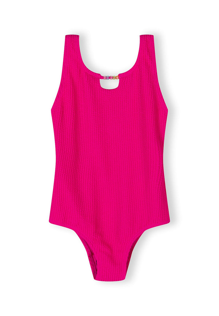 Ribbed Swimsuit, Pearl Detail, Hot Pink - 1