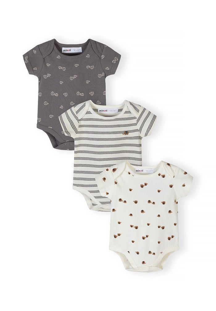Ribbed Bodysuits 3-Pack, Elephant & Stripes, Neutral - 1