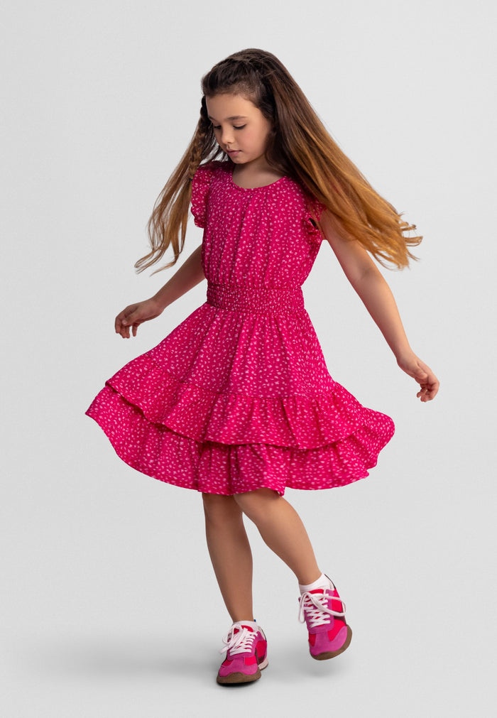 Floral Frill Sleeve Dress, Tiered, Pink - 1