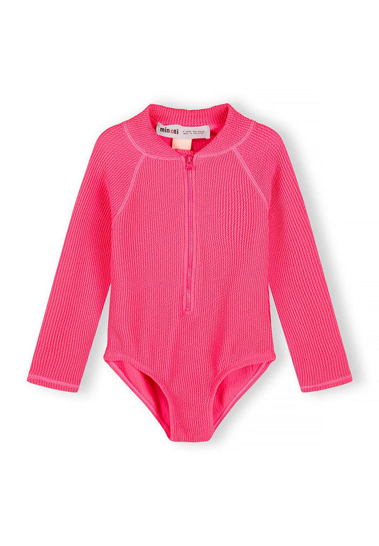 Long Sleeve Swimsuit, Bright Pink, Zip Front - 1
