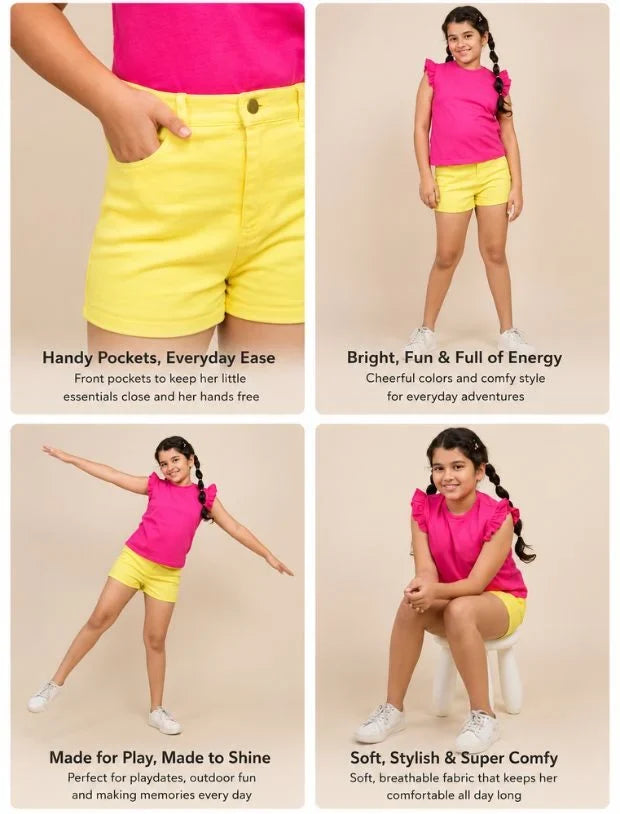 Girls Yellow Denim Cotton Shorts