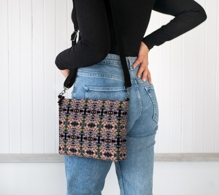 “Grace In Orchid Petals” Vegan Leather Crossbody #2 (Black, Pink, Yellow)