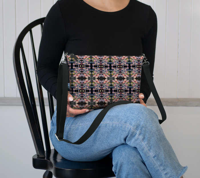 “Grace In Orchid Petals” Vegan Leather Crossbody #2 (Black, Pink, Yellow)