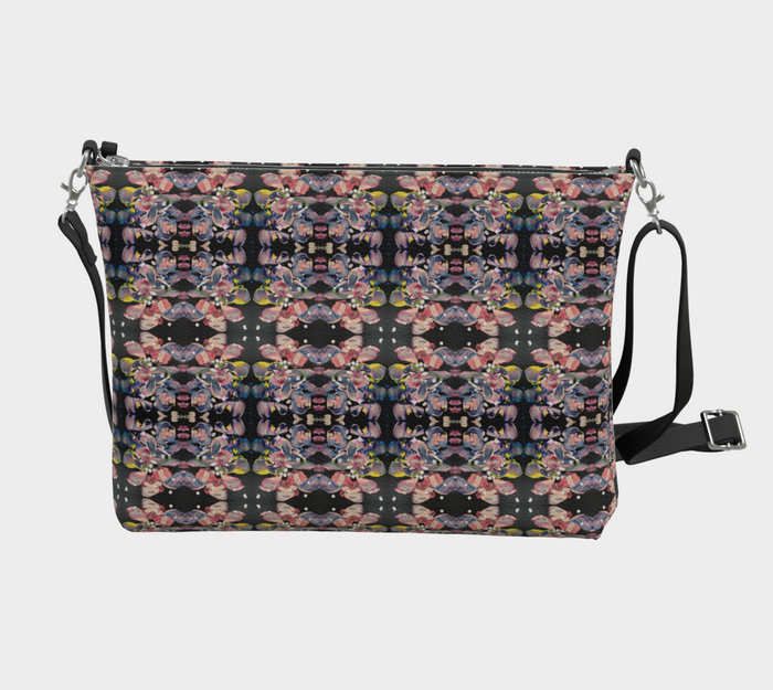 “Grace In Orchid Petals” Vegan Leather Crossbody #2 (Black, Pink, Yellow)