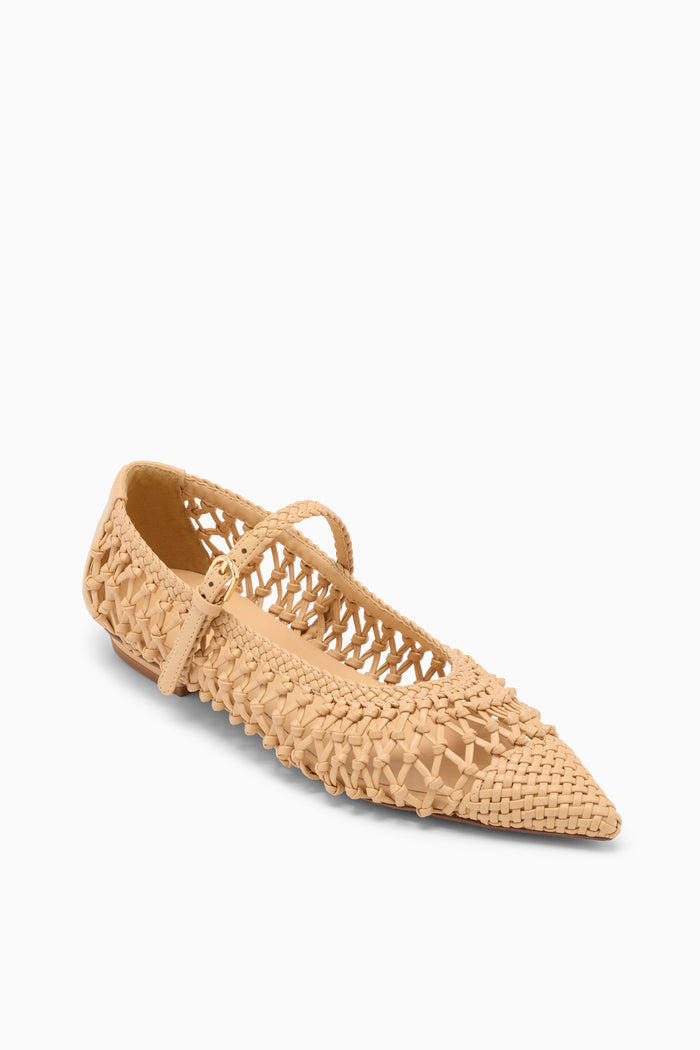 Miele Gracie Luxury Knotted Ballet Flat, Pointed Toe & Gold Buckle - Angled View | Ulla Johnson