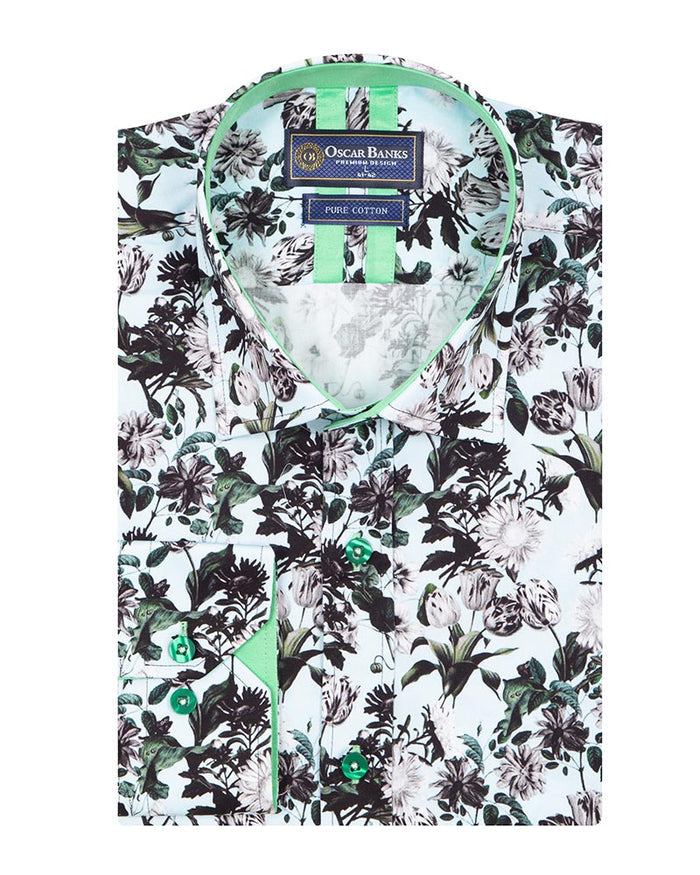 Green Floral Print Men's Shirt with Matching Handkerchief-Makrom