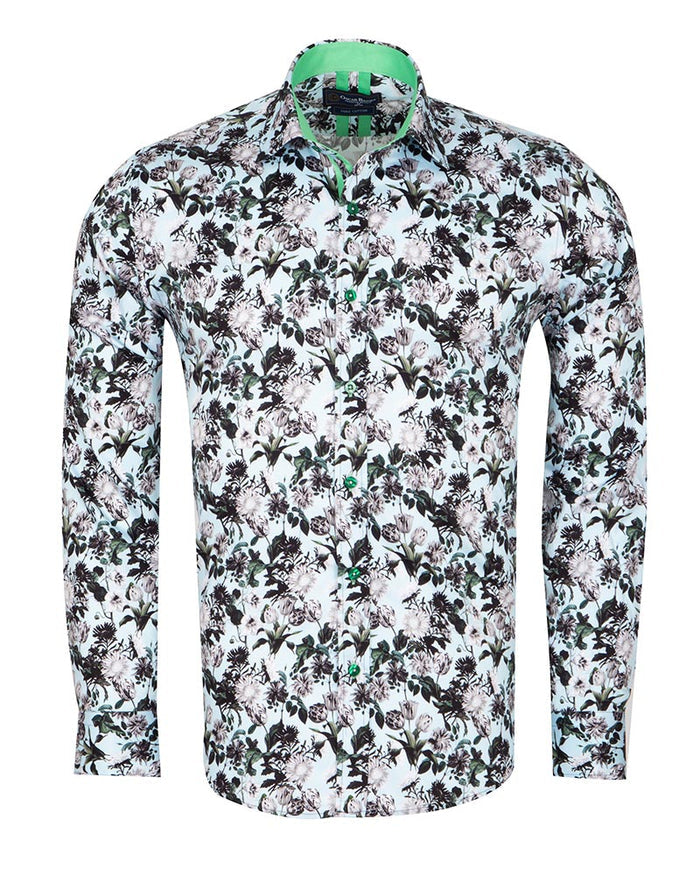 Green Floral Print Men's Shirt with Matching Handkerchief-Makrom