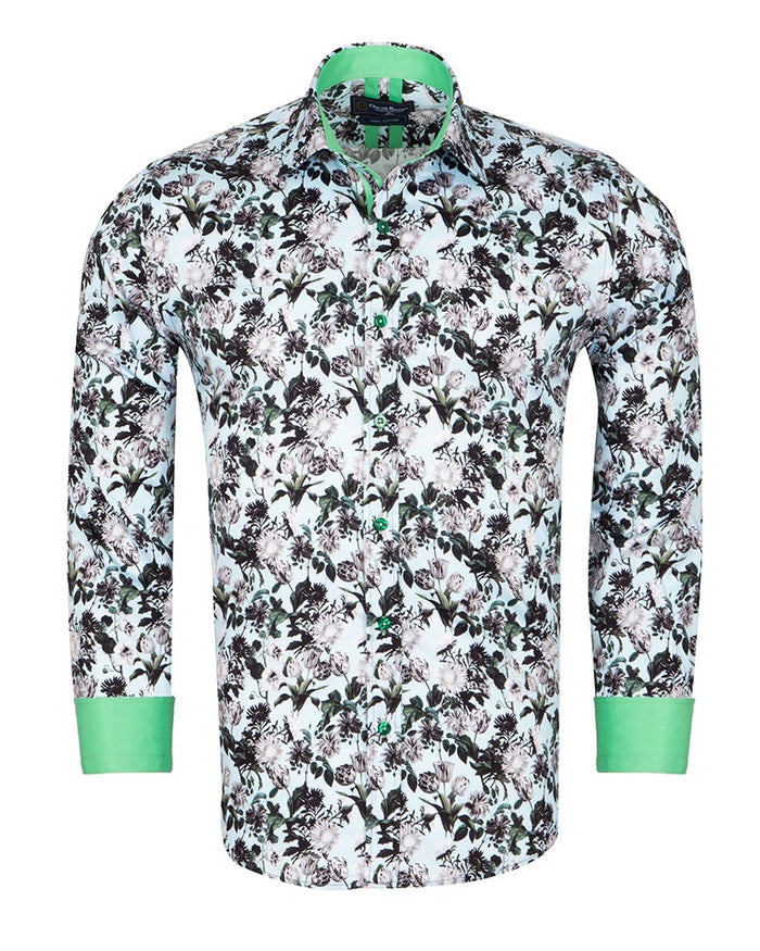 Green Floral Print Men's Shirt with Matching Handkerchief-Makrom