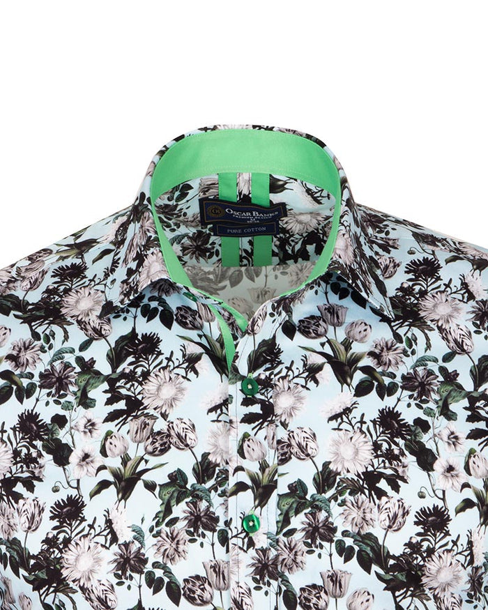 Green Floral Print Men's Shirt with Matching Handkerchief-Makrom