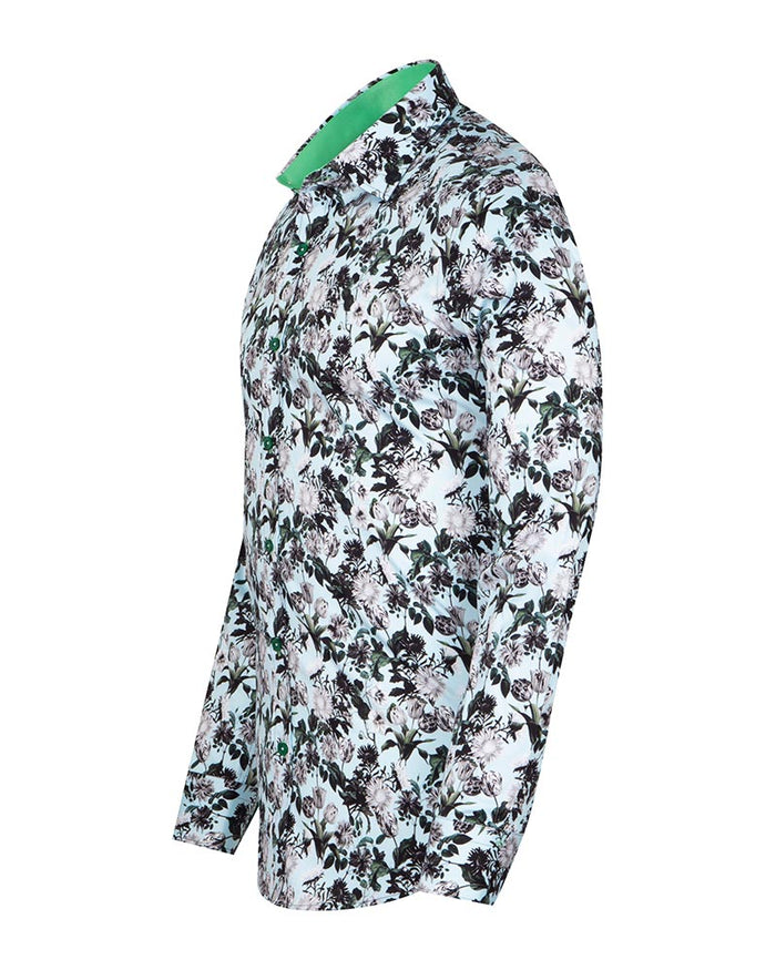 Green Floral Print Men's Shirt with Matching Handkerchief-Makrom